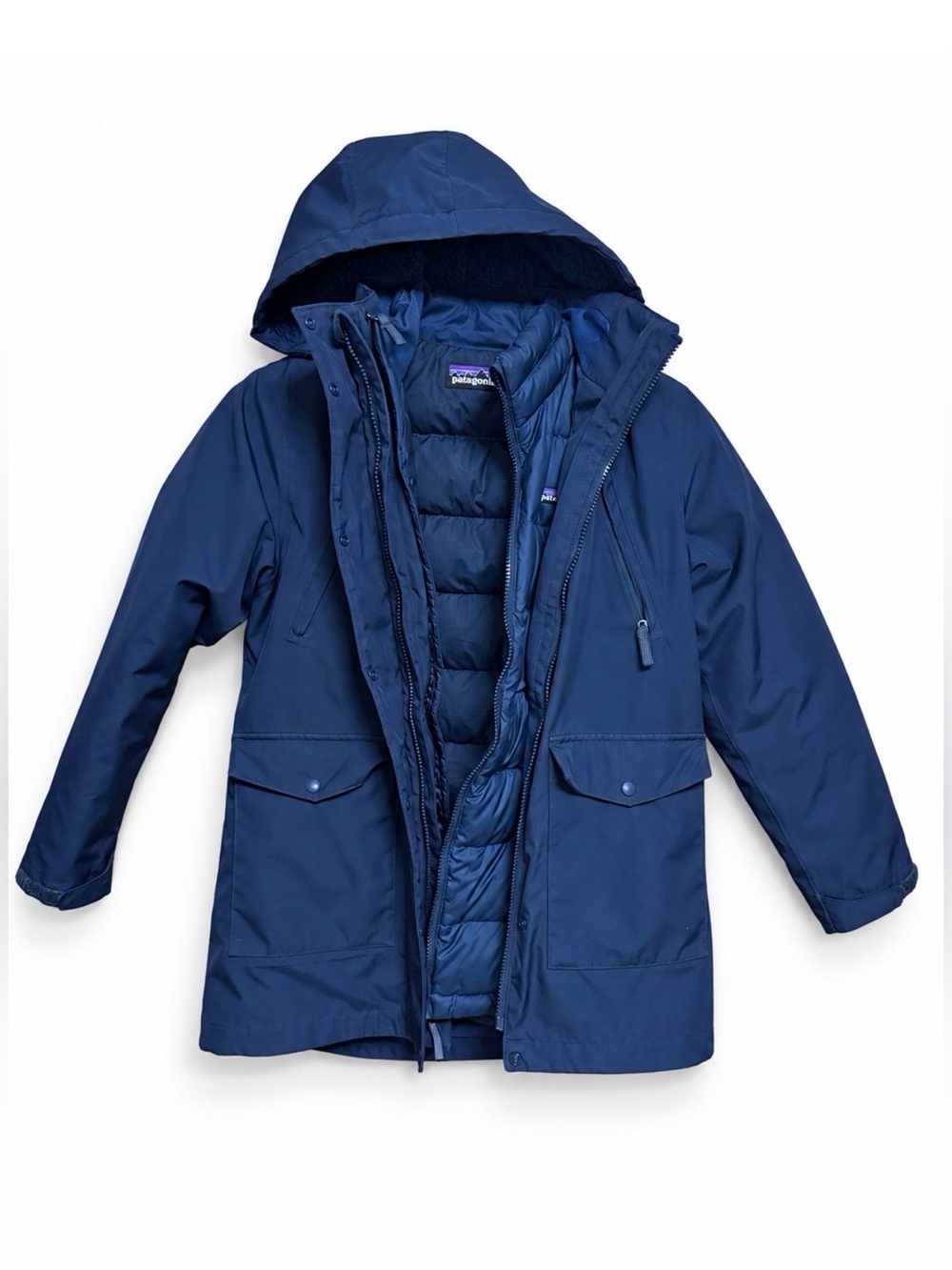 Patagonia Tres 3-in-1 Navy Down Parka – Unisex Youth L - Picture 3 of 12